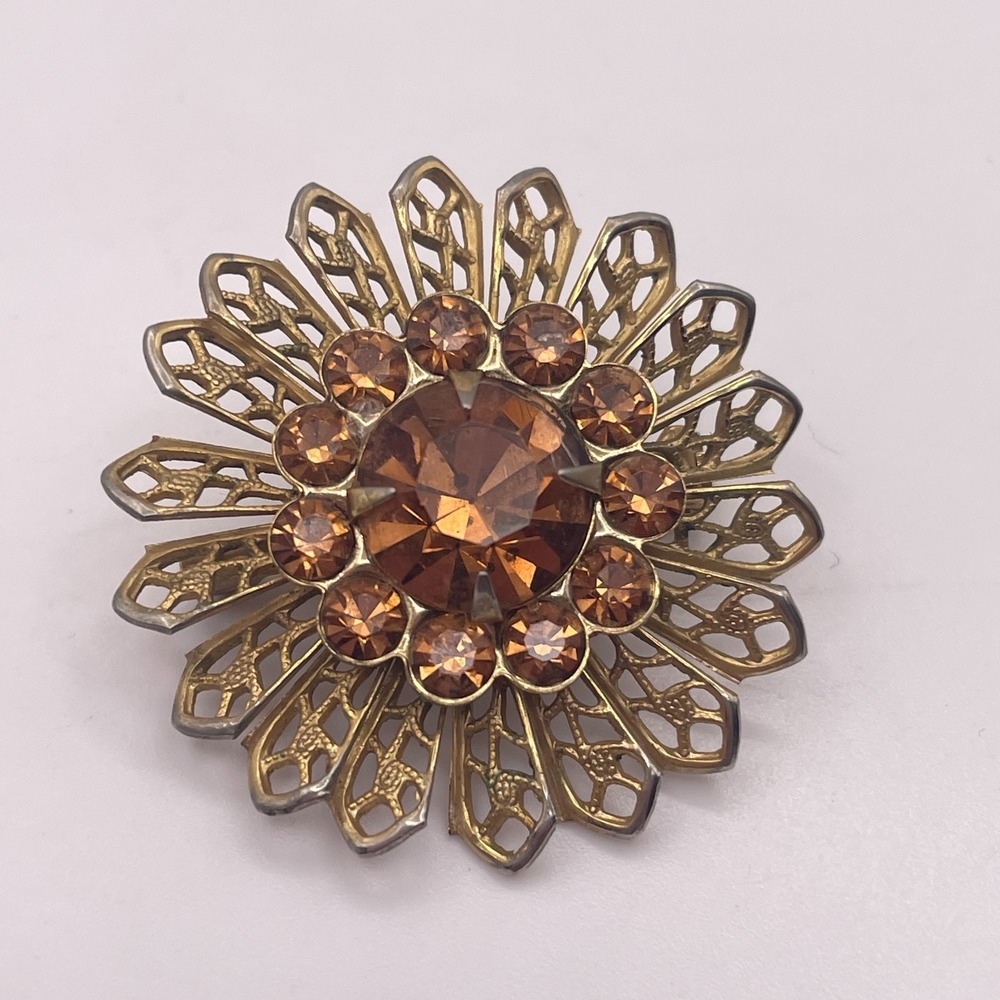 Vintage Retro Gold & Amber Tone Rhinestone Filigree Flower Sunflower Pin Brooch